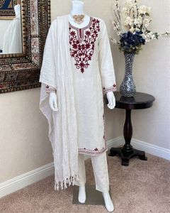 Elegant White Kurta Set with Maroon Embroidery