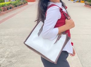 Chic White Tote Bag with Brown Trim
