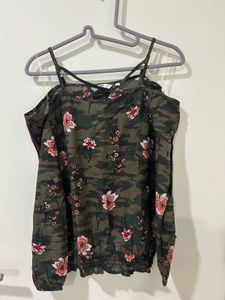 Camo Floral Cold-Shoulder Top