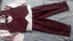 Boys 3 Piece Burgundy Vest & Polka Dot Shirt Set