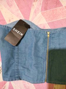 shein Denim Beaded Fringe Tube Top