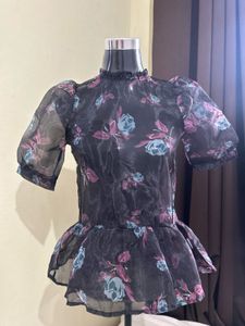 Sheer Floral Puff Sleeve Blouse