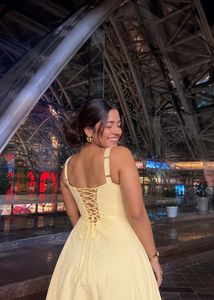 Pastel Yellow Lace-Up Maxi Dress for Women – Brand