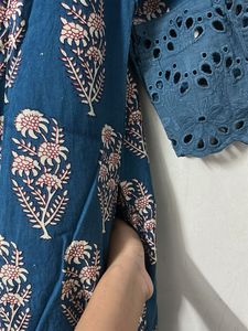 Fusion Blue Floral Print Kurta with Lace Sleeves