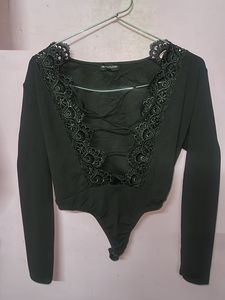 Black Lace Trim Bodysuit