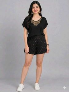Black Neck-Design Top &  Printed Sho