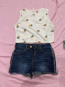 Cute Sunflower Crop Top & Denim Shorts Set 26 and