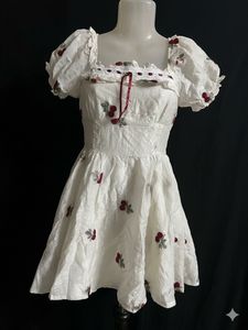 Cute Cherry Print Puff Sleeve Dress