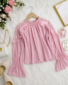 Pink Lace Sleeve Ruffle Blouse
