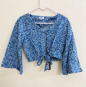 Blue Floral Tie-Front Cropped Blouse
