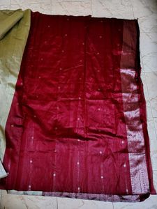 Elegant Silver Silk Saree with Maroon Border