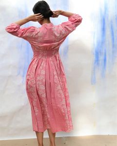 Pink Handprinted Front Open Pure Cottton Dress