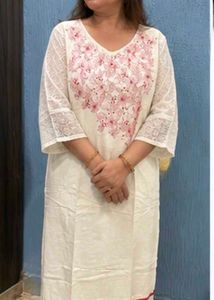 White Kurta with red Embroidery