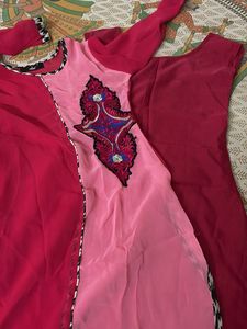 Pink &amp; Red Colorblock Kurta