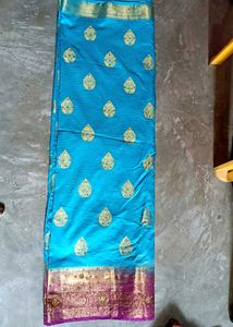 Beautiful sky Saree with rich border&amp;ready Blouse