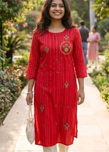 Red Embroidered Kurta