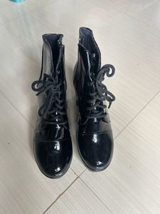 Stylish Black Patent Lace-Up Ankle Boots