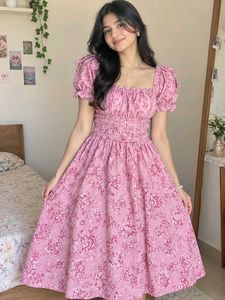 Pretty Pink Floral Square Neck Dress