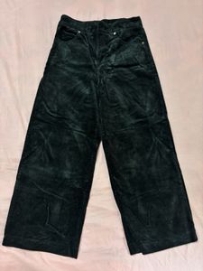 Women's Dark Green Velvet Wide-Leg Pants