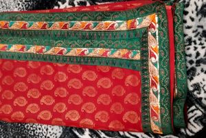 Used Maroon Red Saree with Green Gold Border