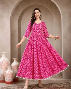 Pink Pompom Viscose Rayon Anarkali Kurti