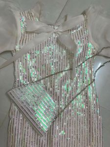 Sparkling Sequin Puff Sleeve Dress with Clutch