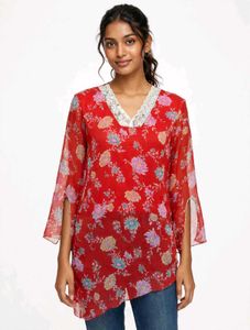 Red Chiffon Floral Asymmetric Top with Lycra Linin