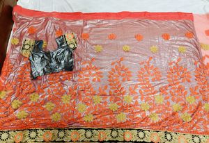🇳🇿💫🎀Elegant Grey &amp; Orange Embellished Saree