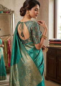 Elegant Teal green golden work blouse