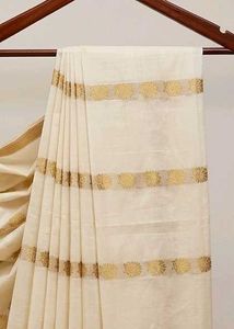 Elegant Off-White and gold Saree with Blue Border