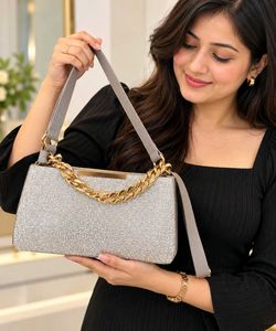 Chic Silver Glitter Handbag with Gold Chain