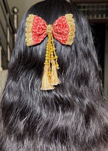 Red &amp; Gold Bow Hair Clip with Tassels