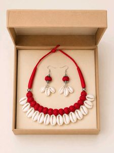 Red & White Cowrie Shell Necklace & Earrings Set