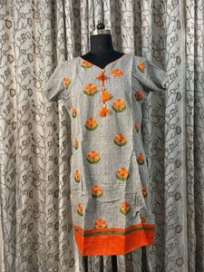 Gray Embroidered Kurta with Orange Floral Detail