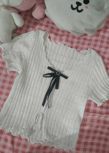 White Ribbed Crop Top with Bow