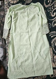 Pastel Green Embroidered Kurti | Elegant Long Stra