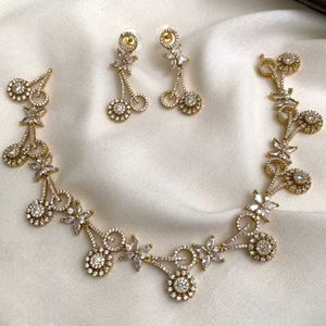Gold Tone Cz Stone Necklace & Earring Set