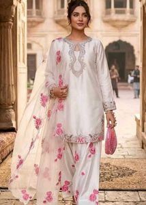 White Silk Kurta Set with Pink Embroidery