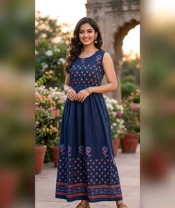 New Beautiful Sleeveless Navy Blue Ethnic Gown