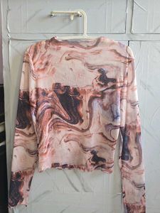 Trendy Mesh Marble Print Long Sleeve Crop Top