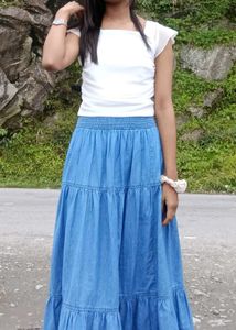 Denim Tiered Maxi Skirt
