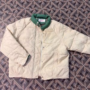 Cream Puffer Jacket with Green Collar