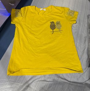 Yellow T-Shirt with Rhinestone Cat Design