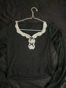 Black Lace Trimmed Long Sleeve Top