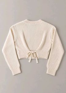CREAM RIBBED V-NECK TIE-BACK CROPPED SWEATER