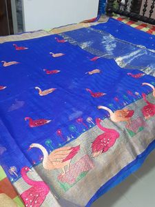 Dark Blue Embroidery Kundan Work Saree