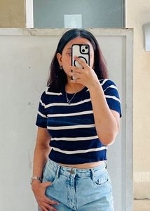 Striped Blue &amp; White Knit Top