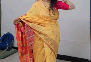 Elegant Yellow Silk Saree with Pink Border