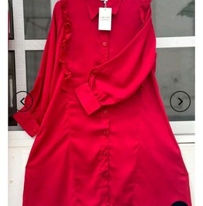 Chic Red Ruffle Button-Up Dress