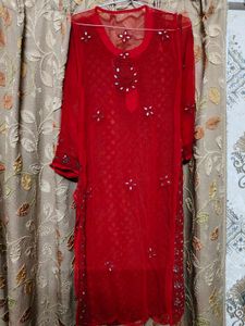 Elegant Red Mirror chikankari Kurta Set